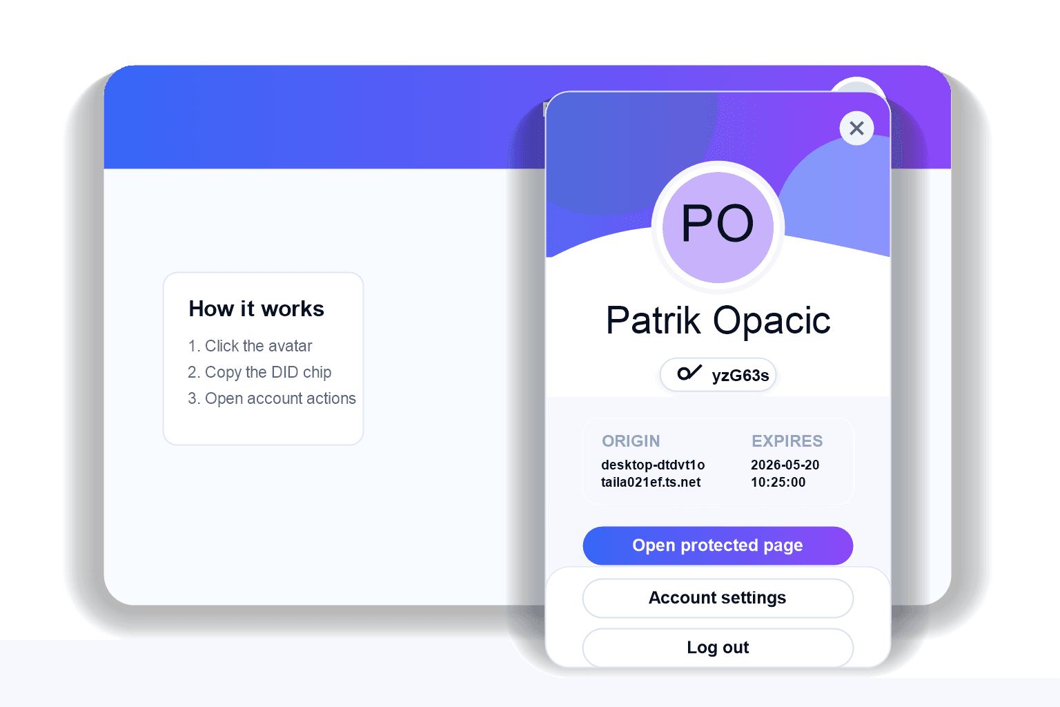 Perspective illustration of a profile avatar menu and account dashboard surface.