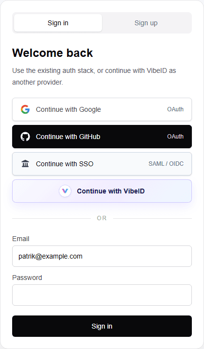 Existing login form with Google, GitHub, SSO, and Continue with VibeID buttons.