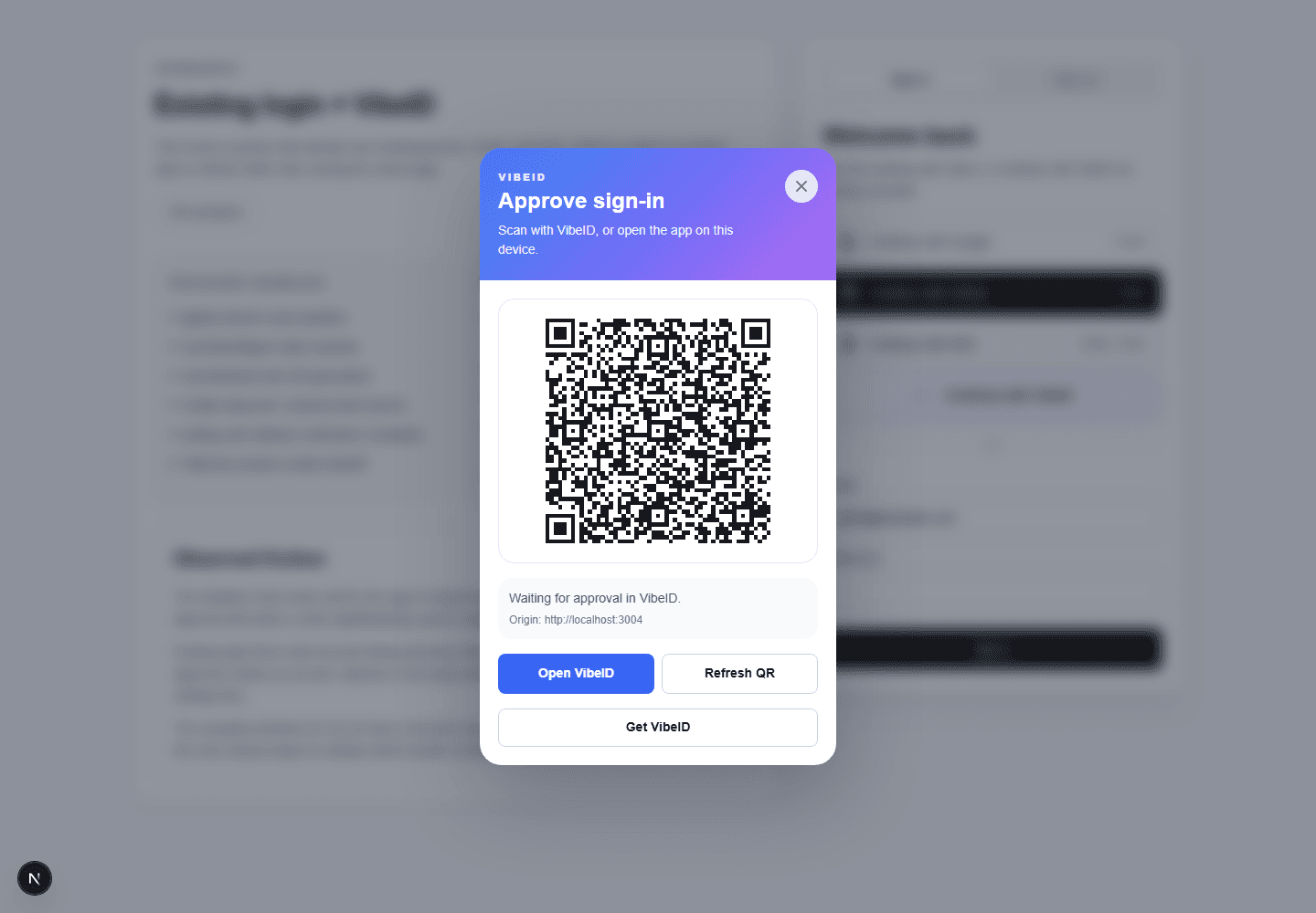 Desktop VibeID approval prompt with QR code over an existing login page.
